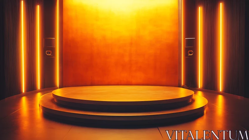 Futuristic circular stage glows with warm orange neon light.