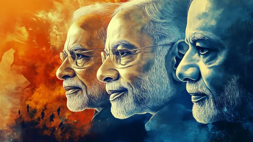 Triptych digital portrait of elder man in warm cool tones.