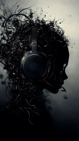Dark digital portrait merges headphones and liquid cables.