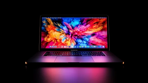 Open laptop with colorful display on black background.