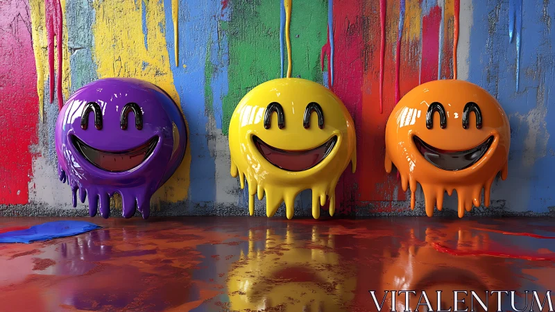 Dripping smiley orbs gleefully slide down a painted wall