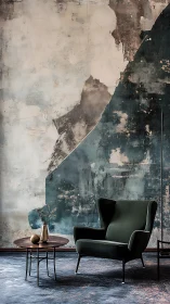 Moody teal lounge corner beneath a weathered abstract wall.