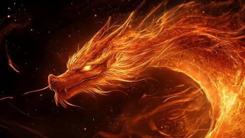 Fiery dragon head coils through glowing orange flames.