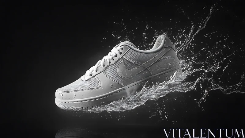 Monochrome sneaker suspended in midair amid water splash.