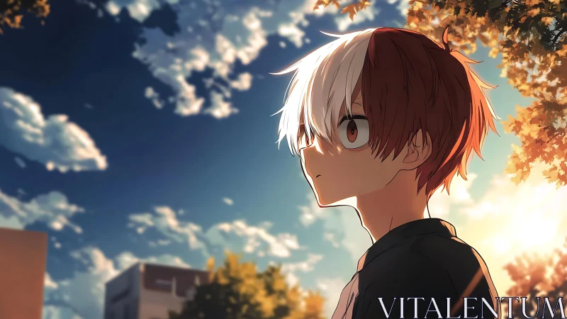 Anime youth in golden hour backlight under dynamic sky