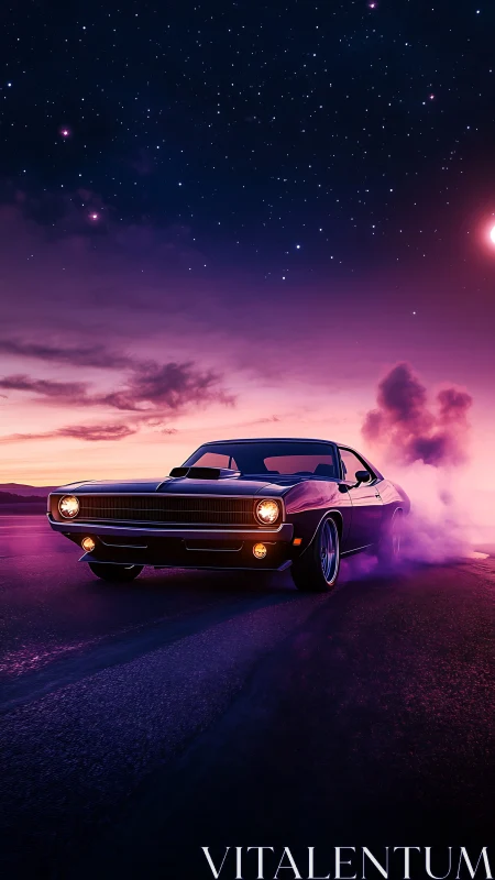 Muscle car drifting under neon twilight and starry sky.