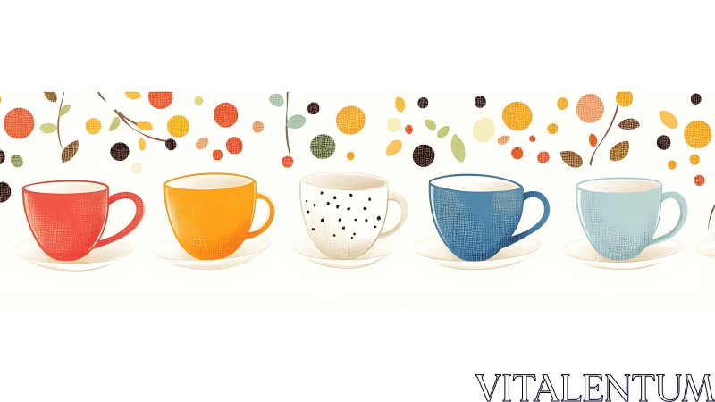 Colorful teacups line up gently under playful floating dots