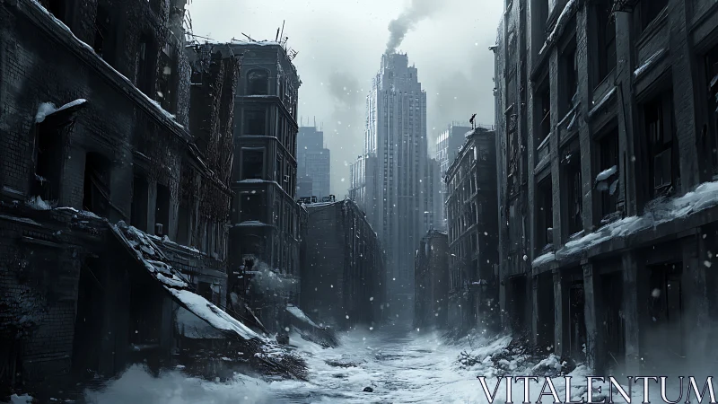 Snowbound post apocalyptic city canyon under gray sky.