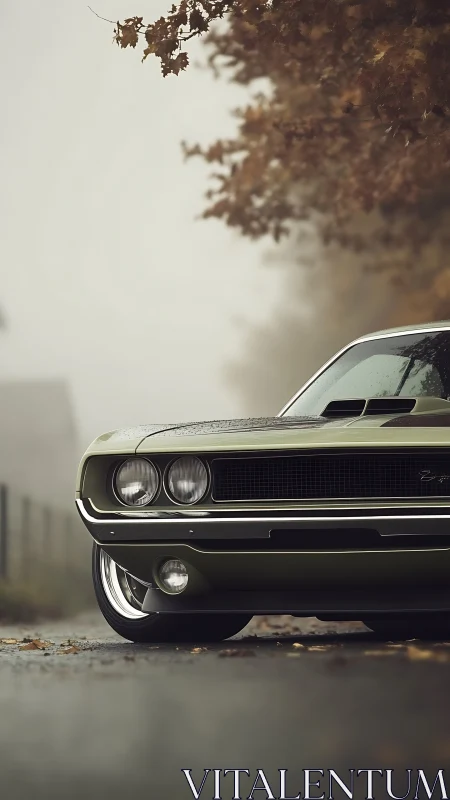 Classic green muscle car front on wet rural road in fog.