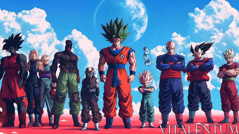 Planet-side warriors stand aligned beneath twin blue skies