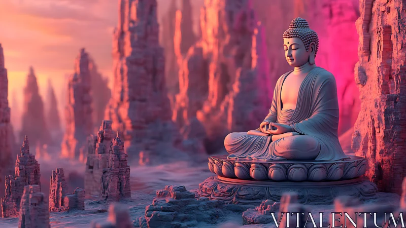 Meditating Buddha sculpture in luminous digital canyonscape.