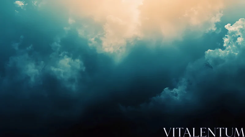 Stormlit sky where teal thunderclouds court warm dawn.