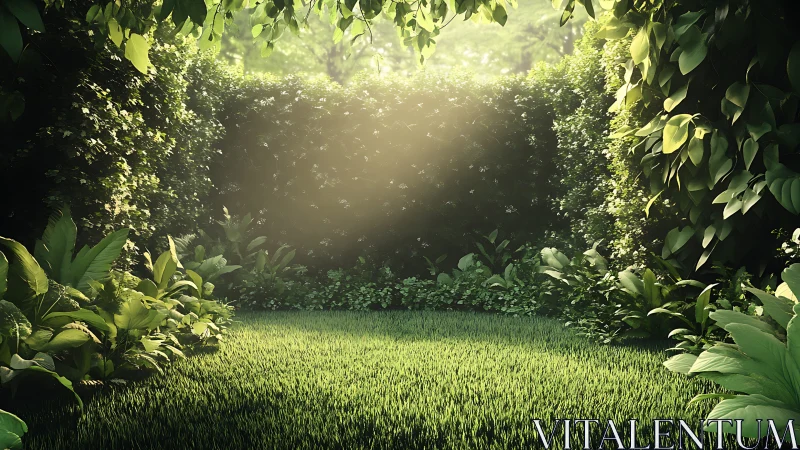 Forested clearing with dense vegetation and overhead canopy structure.