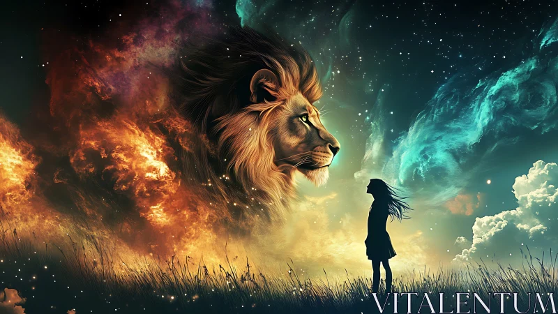 Silhouetted figure facing celestial lion in divided sky scene.