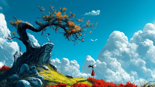 Windblown tree above girl in red beneath towering clouds.