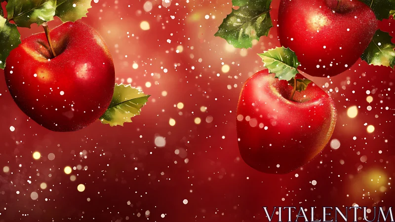 Sparkling ruby apples drift through festive crimson snow.