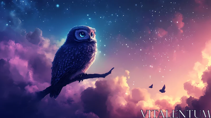 Young owl gazes over glowing clouds under starry dusk sky