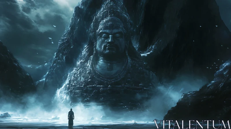 Lone figure confronts colossal stone deity in misty ravine