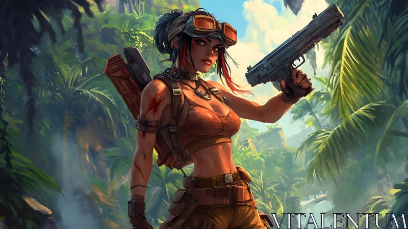Jungle mercenary heroine in dynamic adventure digital painting.