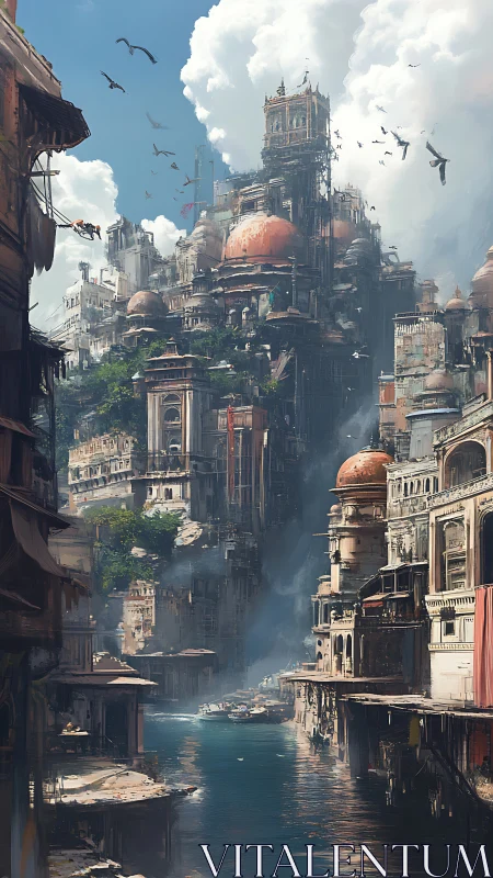 Towering riverside city rises beneath towering storm clouds.