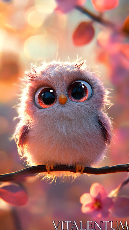 Fluffy baby owl glows among soft pink spring blossoms.