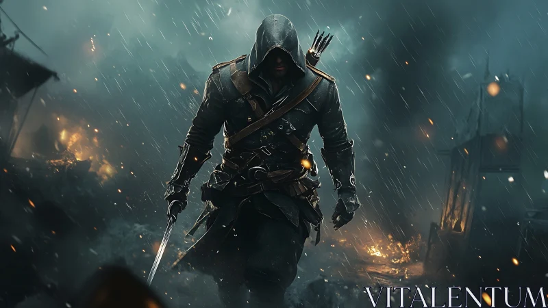 Hooded rogue strides through stormlit battlefield firelight.