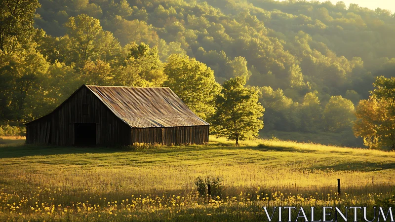 Rustic barn in golden-hour pastoral landscape composition.