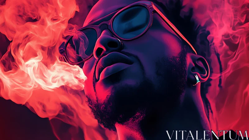 Neon-lit portrait in swirling crimson vapor haze.