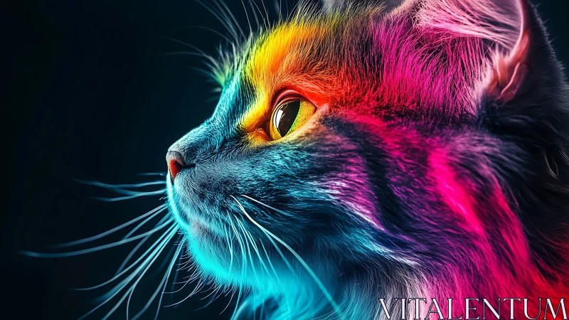 Neon Cat Portrait with Rainbow Light Effects.