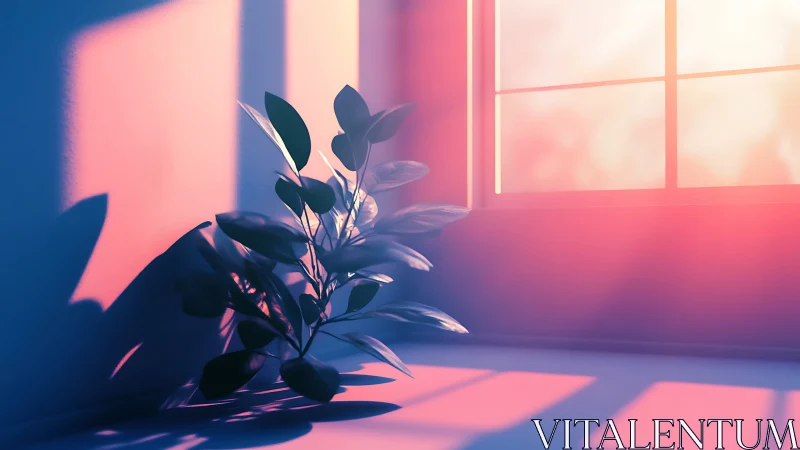 Digital painting of sunlit corner plant in soft neon gradients.