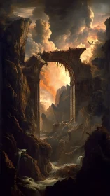 Ancient stone archway rises over fiery fantasy canyon.
