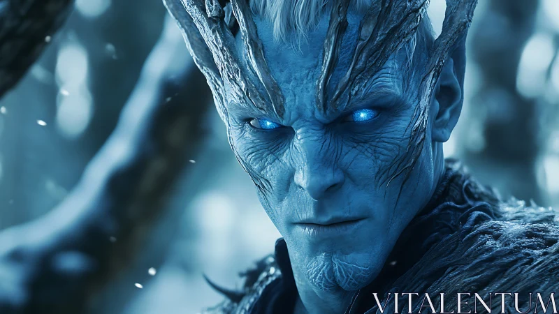 Ice-crowned blue warlord in frosted woodland close-up.