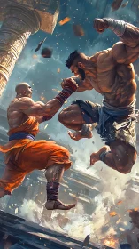 Skybound warriors lock fists as an ancient temple shatters