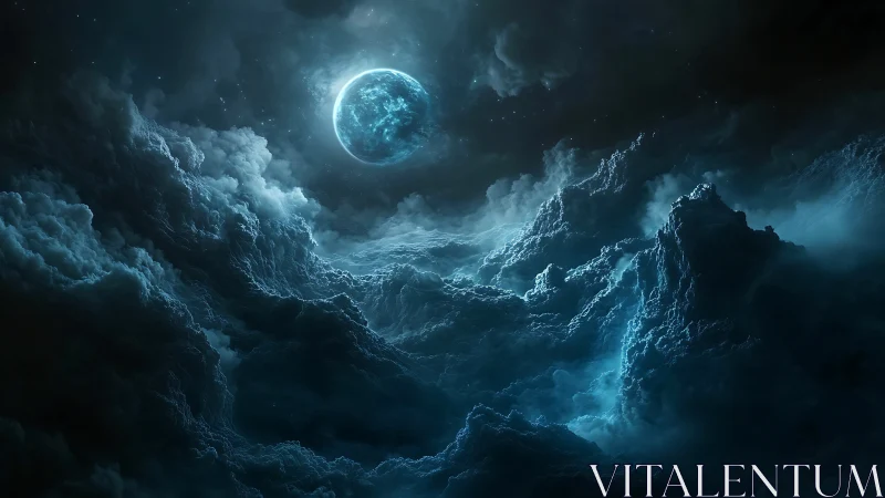 Storm-tossed lunar sea under ghostlit cosmic tides.