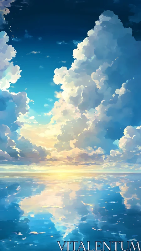 Sunset clouds mirrored on still ocean surface at horizon.