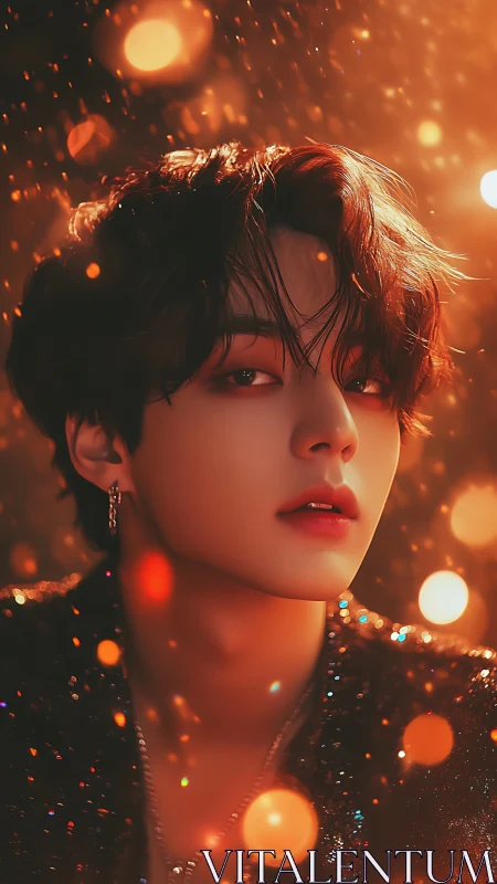 Luminous portrait of young man amid golden bokeh sparks