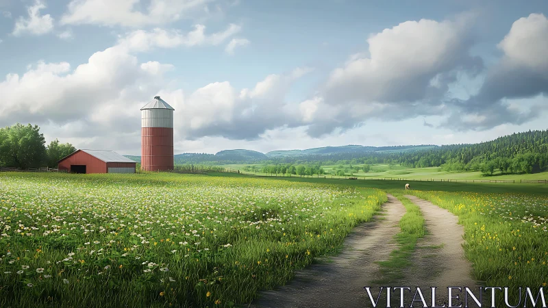 Rural farm landscape shows silo, barn, meadow and dirt road