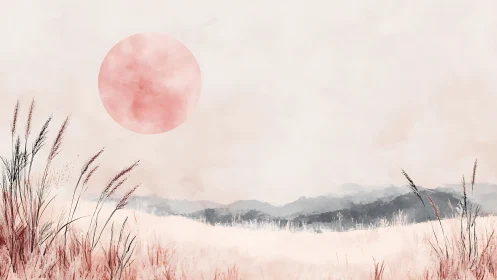 Pastel grassland landscape with misty hills and red sun.