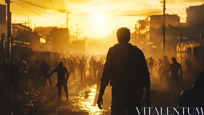 Backlit lone survivor amid dense sunset zombie horde