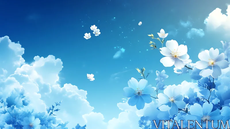 Blossoming white flowers drift softly across a radiant sky.