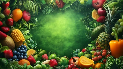 Chromatic produce ring framing verdant textured void center.