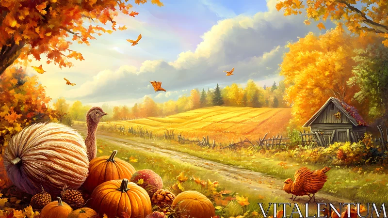 Autumn farm road with pumpkins, chickens, and glowing fields.