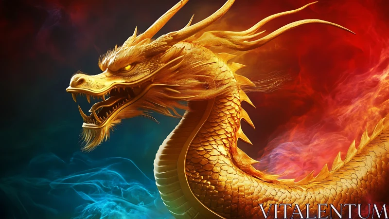 Radiant golden dragon coils proudly in swirling colored fire