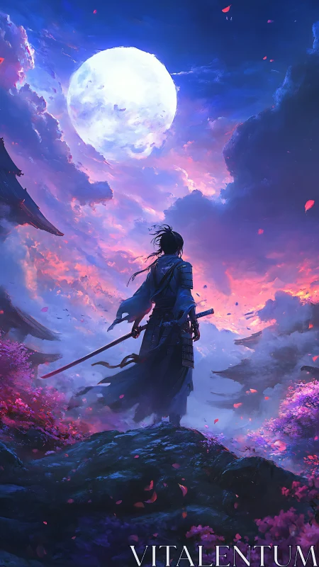 Moon-drenched ronin awaiting destiny in violet stormlight.