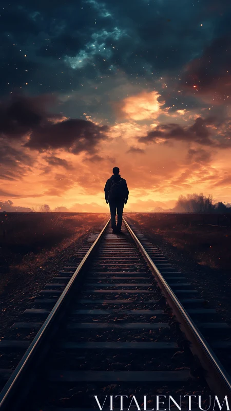 Cinematic digital painting of lone traveler on sunset rails.