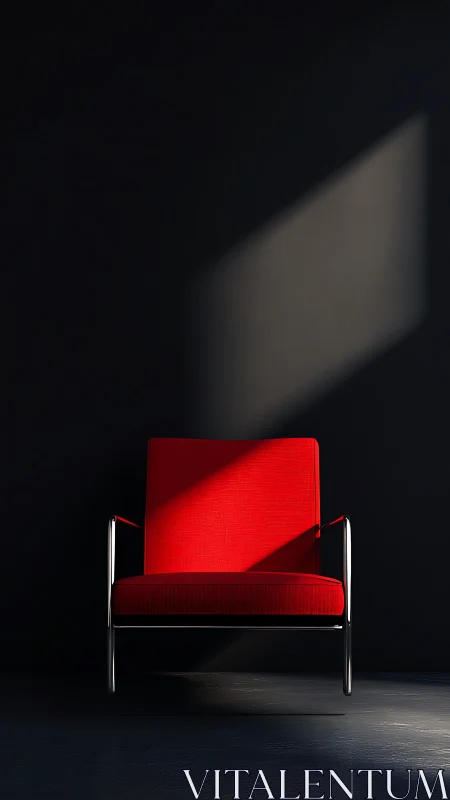 Red armchair under angled light in dark interior.