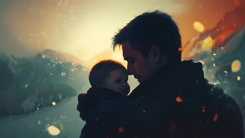 Silhouetted Father and Child Embrace Against Alpine Valley Landscape with Golden Lens Flare Bokeh
