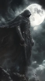 Hooded wraith knight with engraved greatsword under full moon