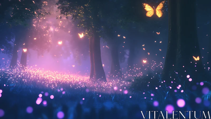 Softly glowing forest welcomes gentle golden butterflies