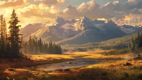 Golden alpine valley under sunset light with detailed mountains